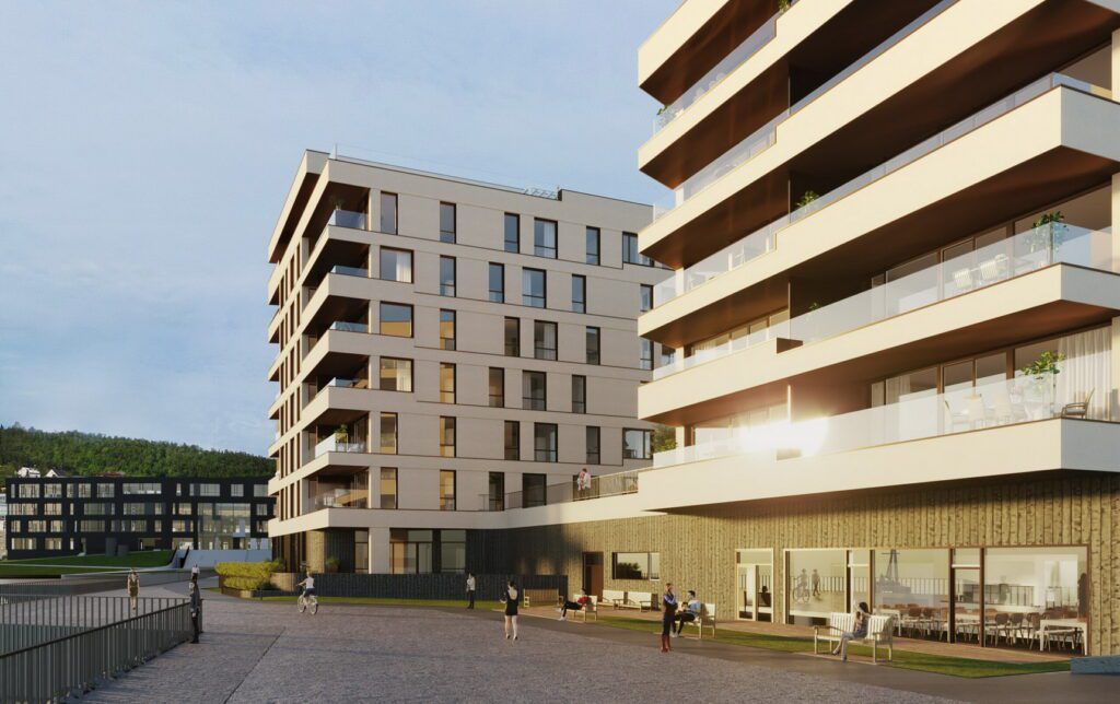 3D tegning av boligblokker og uteområdet på Kræmer Brygge